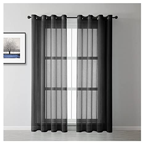Mesnt Halbtransparente Gardinen, Polyester Transparenter Netz-Voile-Vorhang in Reiner Farbe, halbtransparent, Schwarz, H229 x B132 cm