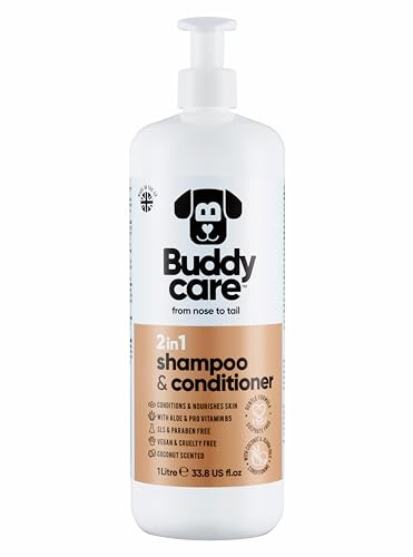 Buddycare 2-i-1 schampo och balsam, praktiskt schampo och balsam för hundar med aloe vera och provitamin B5 (1 liter)