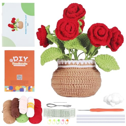 Myqqhbs Beginner Crochet Kit, Complete Crochet Kit - Potted Rose Bouquet, Small Knit DIY Yarn Rose Large Pot Decoration with Hand Sewing Needles and Video Tutorial
