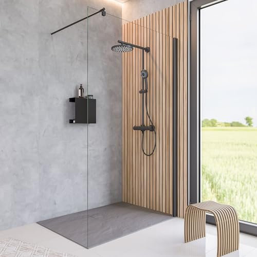 Schulte paroi de douche fixe à l’italienne 120 x 200 cm, barre 122 cm incluse, profilé noir, verre de sécurité 6 mm transparent, montage gauche droite, plage de réglage 118.0-120.5