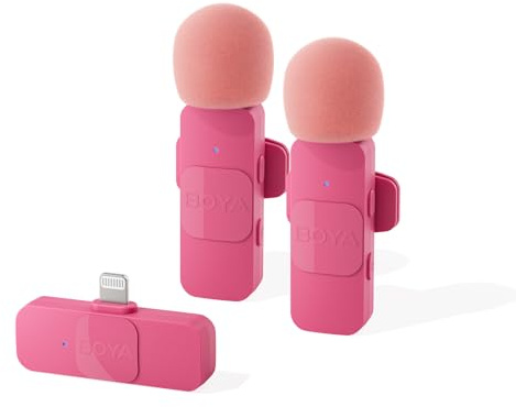 BOYA by-V2 Drahtloses Lavalier-Mikrofon für iPhone iPad, Duales Kondensatormikrofon mit Kugelcharakteristik für Videoaufnahmen Podcast YouTube TikTok Facebook, Plug-Play Ansteckmikrofon (Pink)