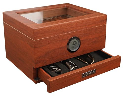 Humidor Zigarren-Box (braun), handgefertigt, spanisches Zedernglas, Luxus-Humidoren, präzises digitales Hygrometer (25–55 Zigaretten) von Jansfuren. Mit feuchtigkeitsspendender Flüssigkeit.