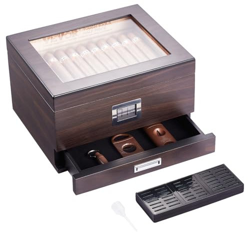 VEVOR Humidor de Puros, Caja de Humidificador de Puros con Tapa de Cristal Hecha a Mano de Madera de Cedro Español, con Higrómetro, Divisor y Cajón de Accesorios, 30-50 Puros, 260 x 220 x 155 mm