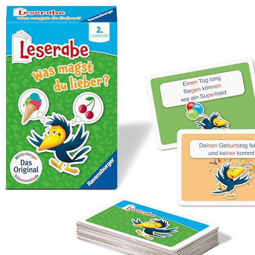 Ravensburger Leserabe was magst du Lieber? - Kinderspiel ab 7 Jahre | Spiel für 2-8 Spieler, Kartenspiel zum Lesen lernen mit Spaß - 2. Klasse, Geschenk für Jungen und Mädchen