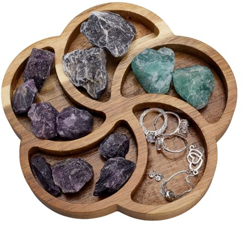 FINGERINSPIRE Bandeja de Madera con Forma de Flor para Piedras Y Cristales Bandeja de Madera Marrón para Piedras Bandeja de Madera con Forma de Flor para Guardar Piedras de Cristal Anillos Pendientes
