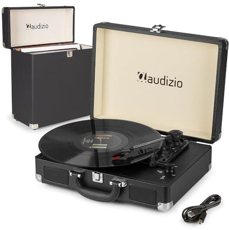 Audizio RP114BK Briefcase Record Player with Built-In Speakers & Vinyl Case - Portable 3-Speed Vinyl Turntable with MP3 Conversion, Record Case for 35 Vinyls - vinyl player with built in speaker