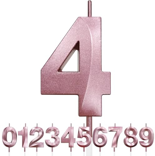 Nummer 4 Geburtstagskerze, 4. Geburtstag Kerze, 3D Design Roségold Glitter Nummer Kerzen, Cake Topper Dekorationen, Kuchen Kerze für Geburtstagsparty, Hochzeitstag, Baby-Dusche, Party-Dekoration