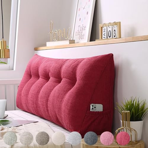 Rückenkissen Bett 200cm Rot, Groß Bettkissen Rückenlehne, Dreieckige Keilkissen Bett Kopfteil Kissen, Baumwolle Leinen Rückenstützkissen Keil Lendenkissen, Waschbar Rückenpolster für die Wand