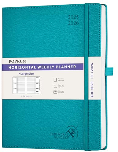 POPRUN Kalender 2025 2026 Horizontale Wochenplaner (Aug.2025-Dez.2026) Hardcover mit PU-Leder, ca. A4 (21.8x26,4 cm), 17-Monate-Terminplaner 1 Woche 2 Seite, Pazifikgrün