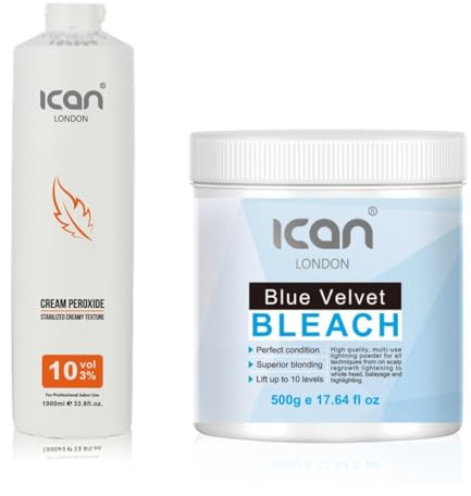 ICAN LONDON Professional Cream Peroxide 10 Vol 3%, 1000 ml + Dust Free Velvet Blue Powder Bleach, 500 g Set