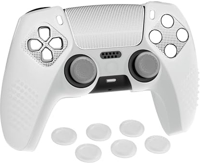 PlayVital Upgraded Silicone Cover Skin for ps5 Controller with 6 Thumb Grips & 2 Stickers, Compatible with Charging Dock, 3D Studded Edition Anti-Slip Shockproof Controller Grip Case, Clear White