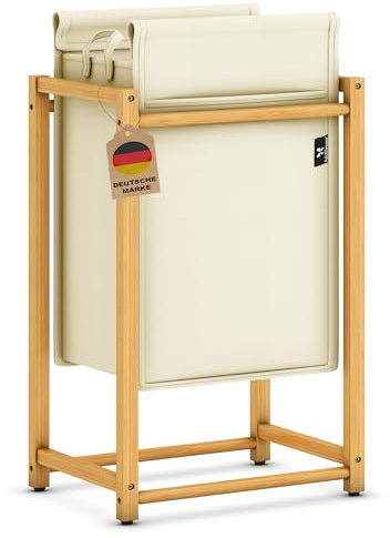 AdelDream tvättkorg sorterad med 2 fack med avtagbar tvättpåse, bambu (Beige 12-10)