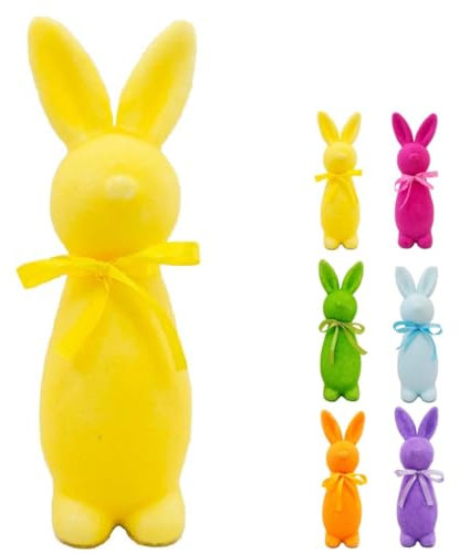Ostern beflockte Hasen, beflockte Hasenfiguren mit Fliege, bezaubernde Frühlingstisch-Tischdekoration für Zuhause, Gartendekoration, Hasen-Dekoration für Osterfeier, Geschenke für Freunde (Gelb)