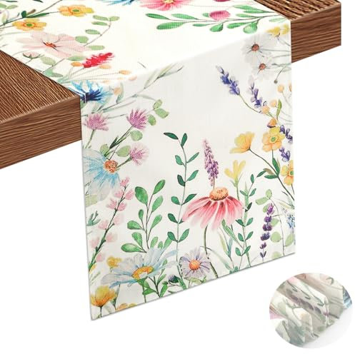Neerow Gänseblümchen Tischläufer Frühling, Leinen Modern, Blumen für Hochzeit Küche Draußen Urlaub Party Wohnzimmer Tischdeko (33 x 120 cm)