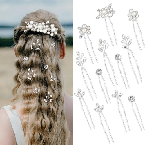 AstraGlam 12 Piezas de Accesorios para el Cabello Set de Boda para Novias y Niñas de Comunión, Horquillas con Perlas y Flores, Accesorios para el Cabello de Boda Plateados para Peinados Recogidos y