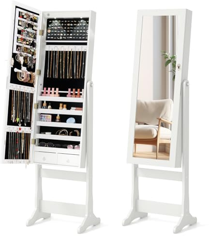 COSTWAY Specchio Portagioie da Terra, Armadio Portagioie con Specchio e Luci LED, Organizzatore per Gioie Regolabile a 4 Angoli, Armadio da Gioielli per Soggiorno Camera da Letto (Bianco)