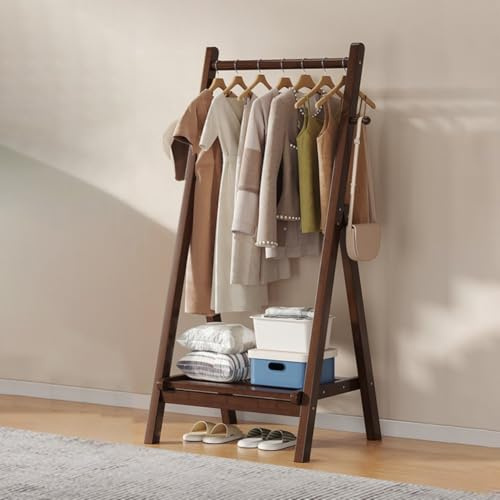 DODOBD Foldable Wooden Clothes Rail - Hanging Rail for Clothes with Bottom Shelves for Storage,Sturdy Garment Rack,Coat Stand for Corridor Living Room Bedroom Hallway, L : 60/80/100/120cm