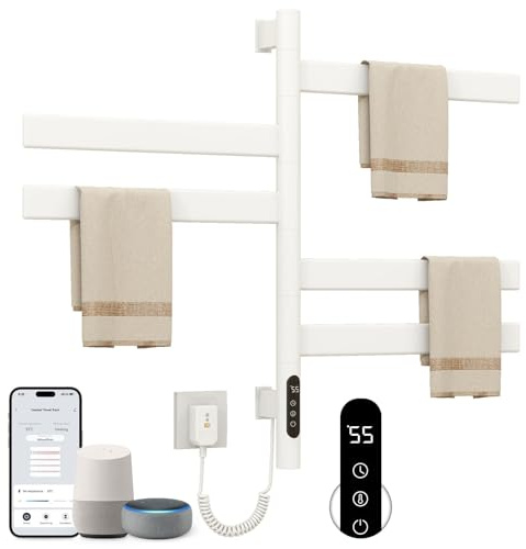 SKYLYZH Scaldasalviette Elettrico Bagno Rotazione di 180° Termoarredo Elettrico Bagno 450×680mm 120W WiFi Bianco Scalda Salviette da Bagno Elettrico per Alexa e Google Home e APP-G68 WiFi White