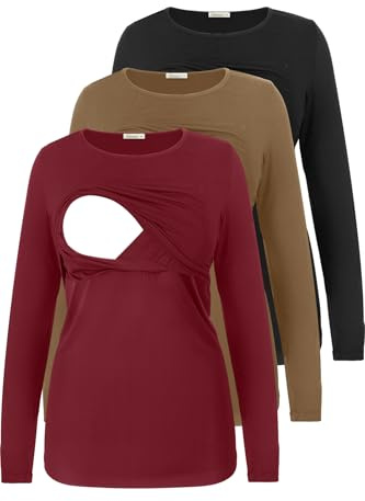 PARNIXS Maternity Long Sleeve Top, Fashion Breastfeeding T-Shirt, Autumn and Winter Thickened Warm Inner Wear(3-Counts),L