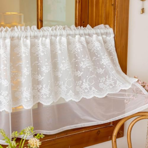 Jeeman halbtransparent Spitzen Doppel Scheibengardine Kurze Bistrogardine | Weiß H45xB100cm Lichtdurchlässiger Küchengardine Romantische Kurzgardine im Landhausstil Wohnwagen Halbgardine