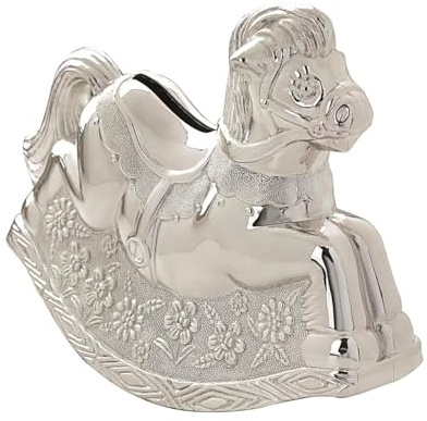 Hucha chapada en plata con diseño de caballo balancín – Bambino regalo de bautizo – Regalo de recuerdo de baby shower para niños – Regalo de fútbol para niñas y niños, primer cumpleaños bautizo
