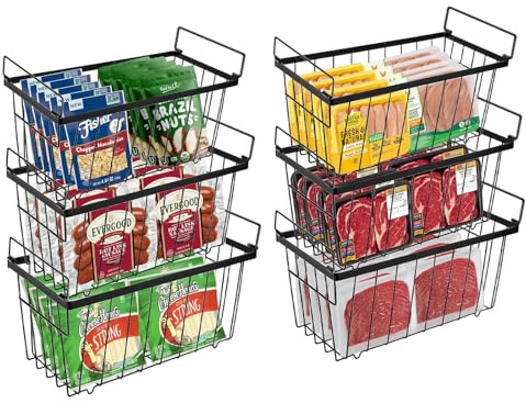 Gefrierschrank Organizer Behälter 6er Set | Stapelbare Gefriertruhe Körbe mit Griffen und Anti-Rutsch Boden Kühlschrank Metall Drahtkörbe Leicht zu Erreichen (Schwarz)