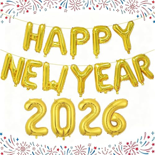 Tourima Silvester Deko 2026 Luftballons Gold 16 Zoll, Happy New Year 2026 Ballon Set für Neujahr Deko, Frohes Neues Jahr Deko 2026 Luftballon Set, New Year Decoration & Sylvester Party Deko Set