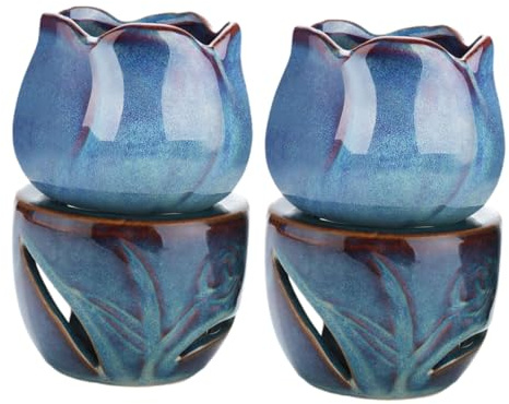 DIYEAH Brûleur à Huile Essentielle Céramique Bleu Foncé Lampe Aromathérapie pour Yoga Diffuseur Parfum Ambiance avec Support Bougie Décor Élégant pour Maison et Chambre Couleur Aléatoire