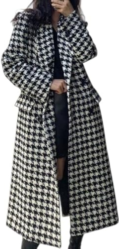 LIUYUYOUGO Manteau Femme Hiver Laine Trench-Coat Pied-De-Poule Pour Femme Manteau Long D'Hiver À Revers Crantés Croisé Doublé Matelassé Classique En Mélange De Laine À Carreaux Pardessus Caba
