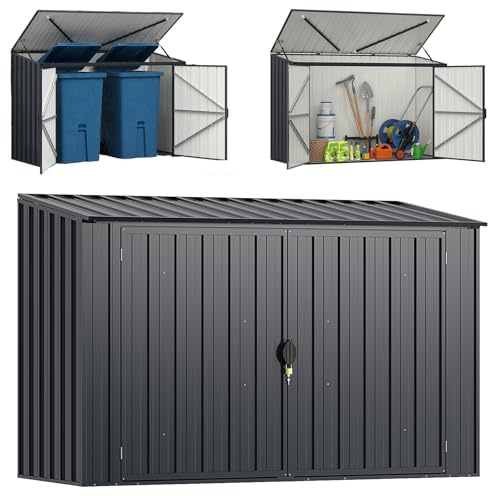 RELAX4LIFE Cache Poubelle Extérieur 193x86x127cm, Abri de Jardin en Métal Galvanisé avec Grand Espace de Rangement, Toit Ouvrant et Porte Verrouillable, Vérin à Gaz Hydraulique pour Vélo Outils