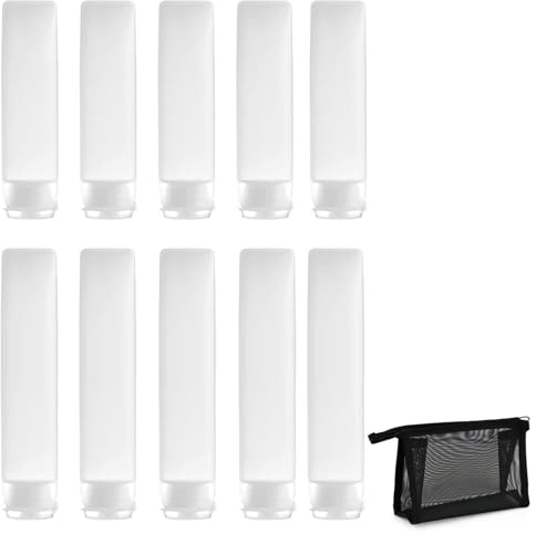 Lot de 10 bouteilles de voyage en plastique transparent de 50 ml et 30 ml avec 1 sac de rangement, tubes rechargeables anti-fuite pour shampooing, lotion, rinçage, gel douche
