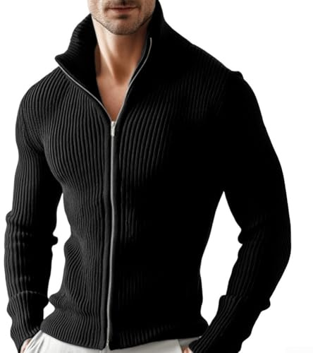 Suéter de punto con cremallera completa para hombre, chaqueta gruesa diseñada para uso casual en primavera, otoño e invierno (L negro)