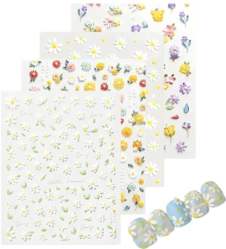 KAHZOR 4 pièces 3D Stickers Ongles,Autocollants Autoadhésifs,DIY Stereoscopique,Fleurs Printemps/Été,5D Décoration Ongles,Autocollant Ongle,Deco Ongle,Nail Art Sticker,Accessoires Nail Art