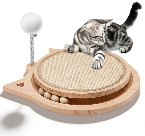 3-IN-1 Kratzbrett Katze Holz, Katzenkratzbrett mit Natürlicher Sisalmatt kratzmöbel Katze mit kugelbahn Pluschkugel Kratzmatte zum Spielen und Entspannen
