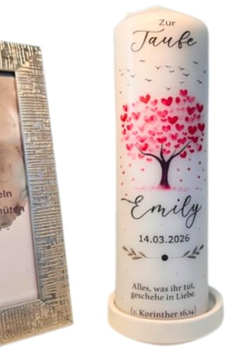 Personalisierte Taufkerze Herzbaum für Mädchen mit individuellem Taufspruch und liebevollem Lebensbaum-Motiv – perfekt zur Taufe als persönliches Geschenk oder als schön gestaltete Patenkerze.