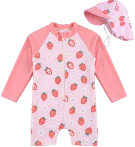 Traje de Baño para Niñas Pequeñas 0-3 Años, Bañador de Una Pieza con Cremallera y Gorro Solar, Manga Larga Protección UPF 50+, Ideal para la Playa y la Piscina