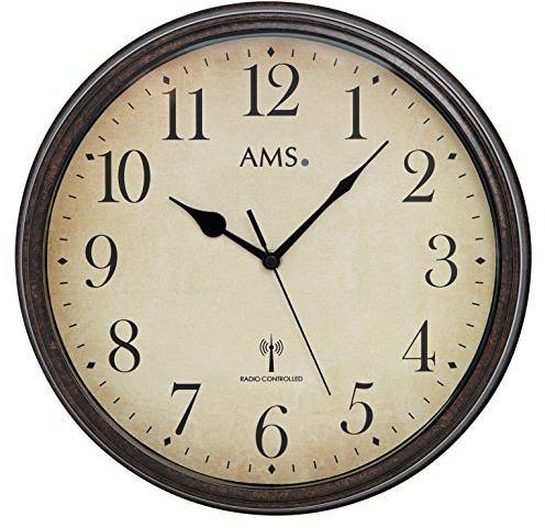 AMS 5962 Wanduhr Rund Metall Beige Zifferblatt Arabische Ziffern Funkuhr 32 cm