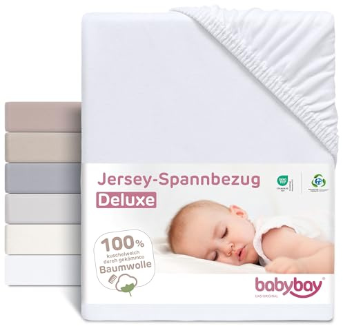 Drap-Housse en Jersey babybay Deluxe Convient pour Le modèle Matelas de kit de Transformation en lit Enfant Original et Maxi, Blanc, 140 x 89 cm (1 Pack)