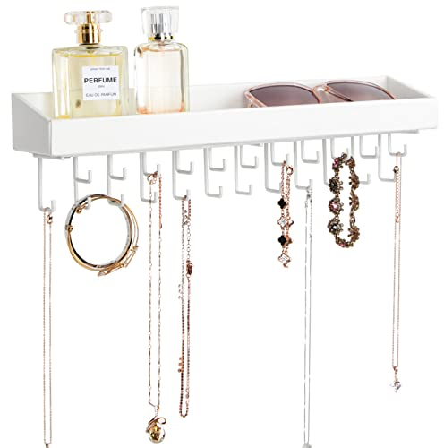 JackCubeDesign Hanging Jewellery Organiser Necklace Hanger Bracelet Holder Wall Mount Necklace Organiser with 23 Hooks(White, 36.5 x 7.5 x 9.8 cm, Unseparated) - :MK208C