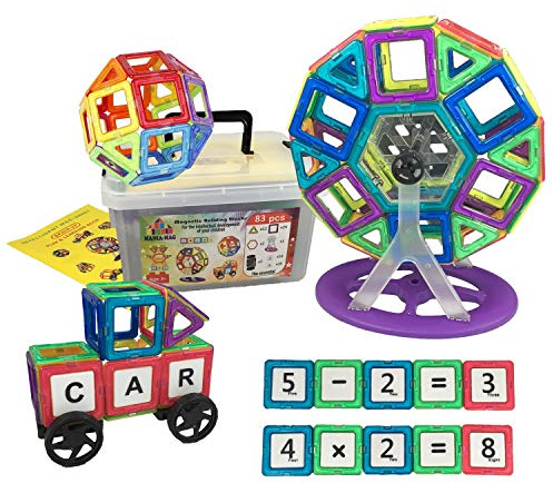Blocs construction magnétiques| 83 pcs: briques aimantées XL, grande roue, roues de voiture, lettres et chiffres + boite de rangement plastique| Super cadeau créatif pour garçon et fille de 3 ans et +