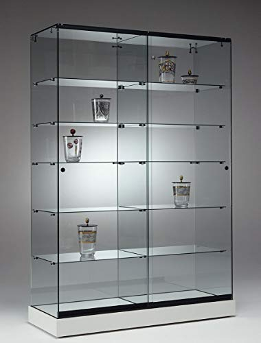 MHN Breite Ausstellungsvitrine ohne Rahmen - T 46 x B 125 x H 182 cm - Verkaufsvitrine Design Glasvitrine abschließbar - weiße Standvitrine mit Rollen - Ladenvitrine ohne Beleuchtung