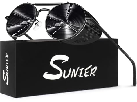 Sunier Retro Round Polarized Steampunk Sunglasses Men Women Side Shield Goggles Gothic, Black Frame Black Polarized Lens, M