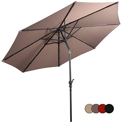 GOPLUS Sonnenschirm mit LED-Solar-Beleuchtung, Gartenschirm 300 cm, Balkonschirm beideseitig um 30° knickbar, Marktschirm mit Kurbel, UV-Schtutz, Tischschirm für Garten & Terrasse, Braun