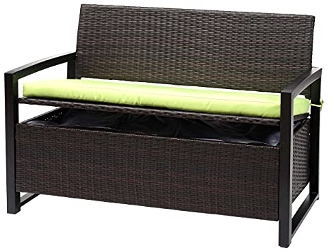Mendler Poly-Rattan 2er Sitzbank HWC-F39 - braun, Kissen grün | Gartenbank, Truhenbank, Staufach, Aufbewahrung, Sitzkissen