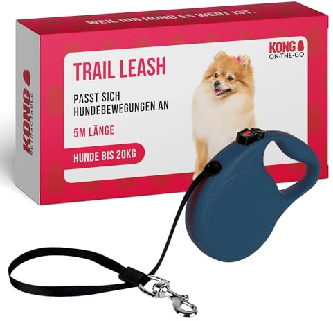 KONG Retractable Leash Trail 5m für Hunde bis 20kg Größe S | Leichte und kompakte 5m Hundeleine für Hunde bis 20kg mit Brems- und Feststellsystem sowie komfortablem Griff.