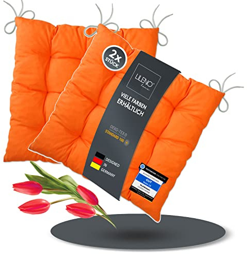 LILENO HOME 2er Set Stuhlkissen Orange (40x40x6 cm) - Sitzkissen für Gartenstuhl, Küche oder Esszimmerstuhl - Bequeme UV-beständige Indoor u. Outdoor Stuhlauflage als Stuhl Kissen