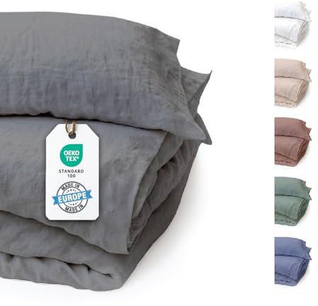 BLUE MOON Bettwäsche 155x220 Leinenbettwäsche [ÖKO-TEX] - 2teilig - 1 Bettbezug 155 x 220 + 1 Kissenbezug 80x80 cm - Luxuriöse Leinen Bettwäsche 100% Leinen - Made in EU - Stone Washed - anthrazit