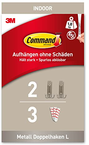 Command Gancio Adesivo Metallico Doppio in Nichel Spazzolato Grande, 2 Ganci e 3 Strisce- Appendi Abiti, Cappelli, Borse e Altro da Parete o Porta senza Chiodi
