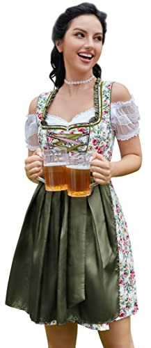 Clearlove Dirndl Damen midi 3tlg.Trachtenkleid für Oktoberfest,Karneval,DREI Teilig: Kleid, Bluse, Schürze（Verpackung MEHRWEG）,Grün Blumen,40