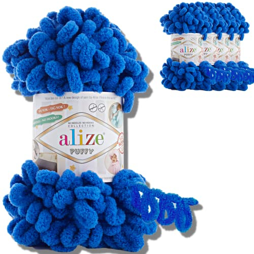 Alize 5 x 100 g puffy turkisk ull, superBulky chenillegarn, gosigt mjukt babyull, handstickgarn för virkning, mjukt chenillegarn, XXL-nystan för amigurumi (kungsblå | 141)
